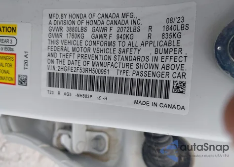 2024 Honda Civic Sport из США, поврежденный, VIN 2HGFE2F53RH500951